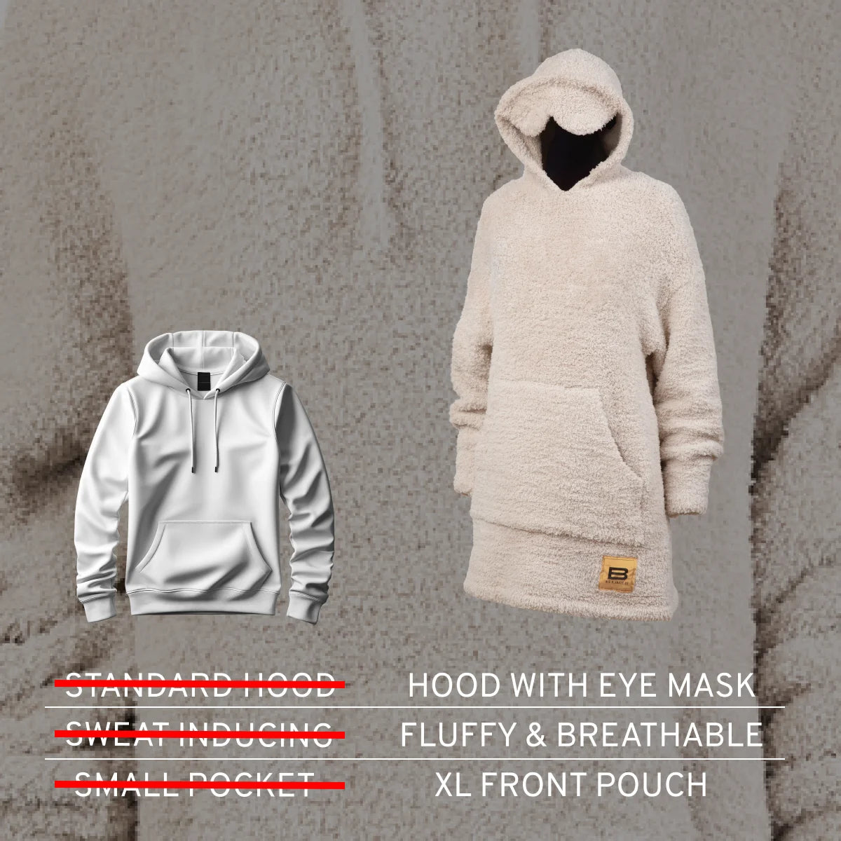 Cream fleece oversized hoodie blanket with attached eye mask hood, front pouch, and textured fabric detail