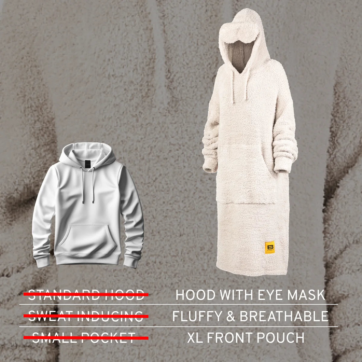 Cream oversized hoodie blanket with attached hood featuring eye mask, fluffy texture, large front pouch pocket, displayed on mannequin