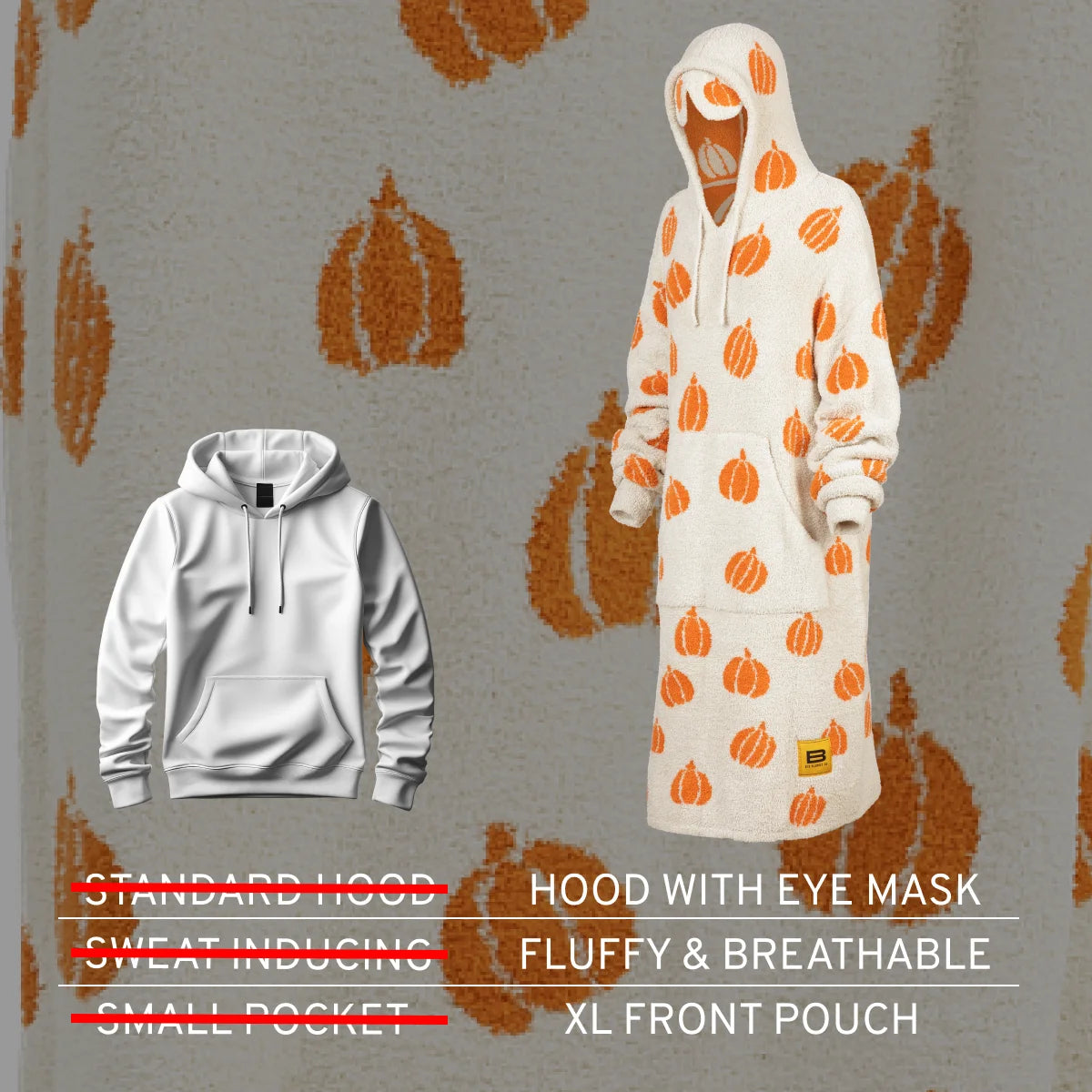 Cream oversized hoodie blanket with orange pumpkin pattern, hood with eye mask, XL front pouch, shown on model and flat lay