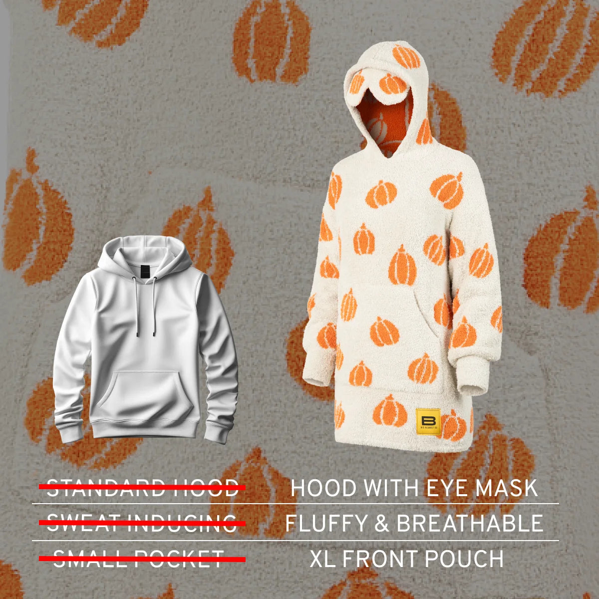 Cream oversized hoodie blanket with orange pumpkin pattern, hood with eye mask, XL front pouch, fluffy and breathable fabric