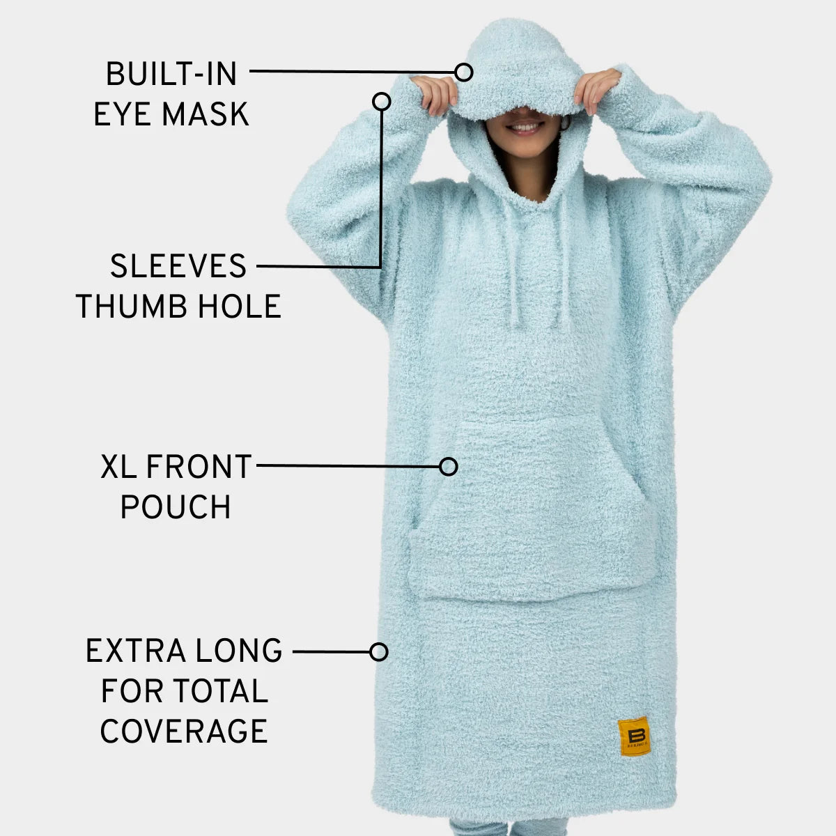Light blue oversized wearable blanket hoodie with built-in eye mask, thumb holes, and XL front pouch