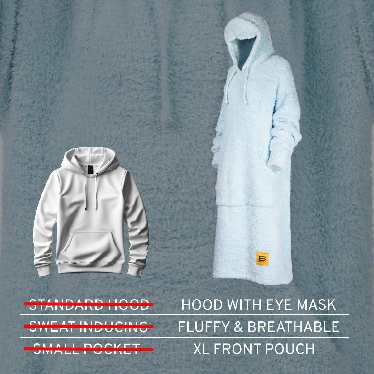 Sky blue oversized hoodie with kangaroo pocket and drawstring hood shown flat and on model against textured background