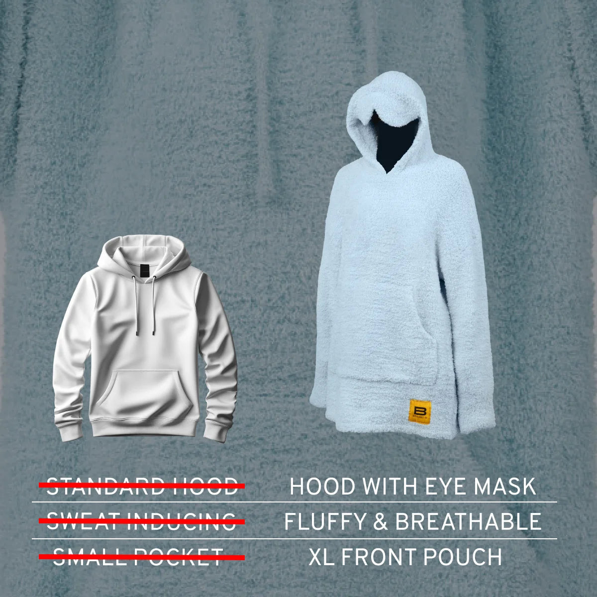 Woman wrapped in sky blue textured oversized blanket with hood, standing on bed wearing blanket like clothing