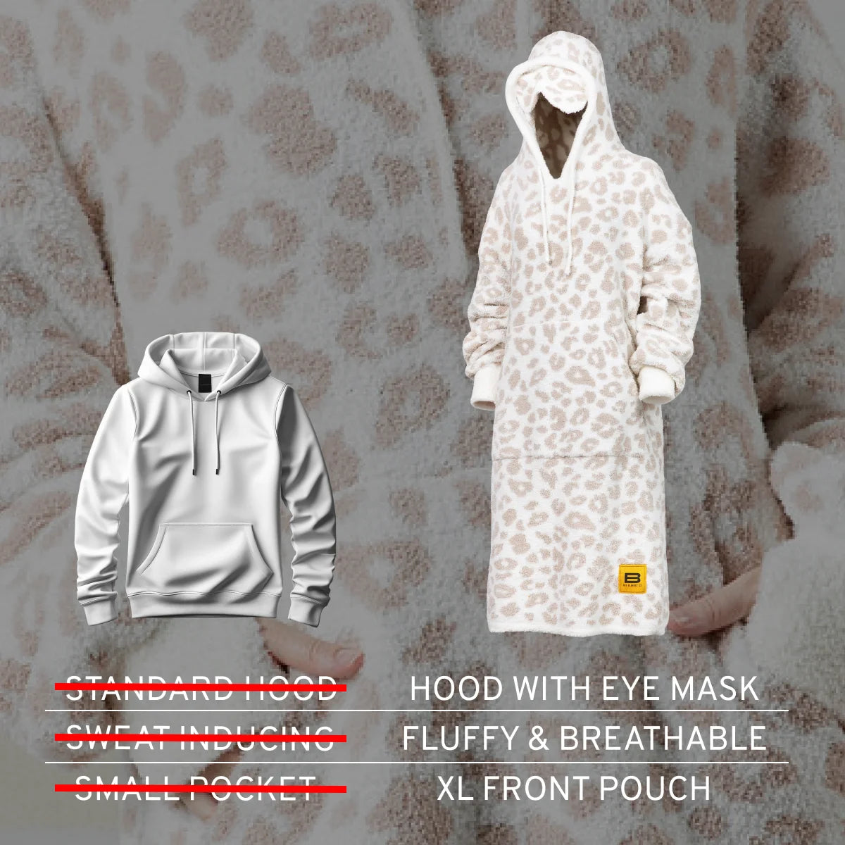 White leopard print oversized blanket hoodie with attached hood and eye mask, displayed on mannequin against textured background