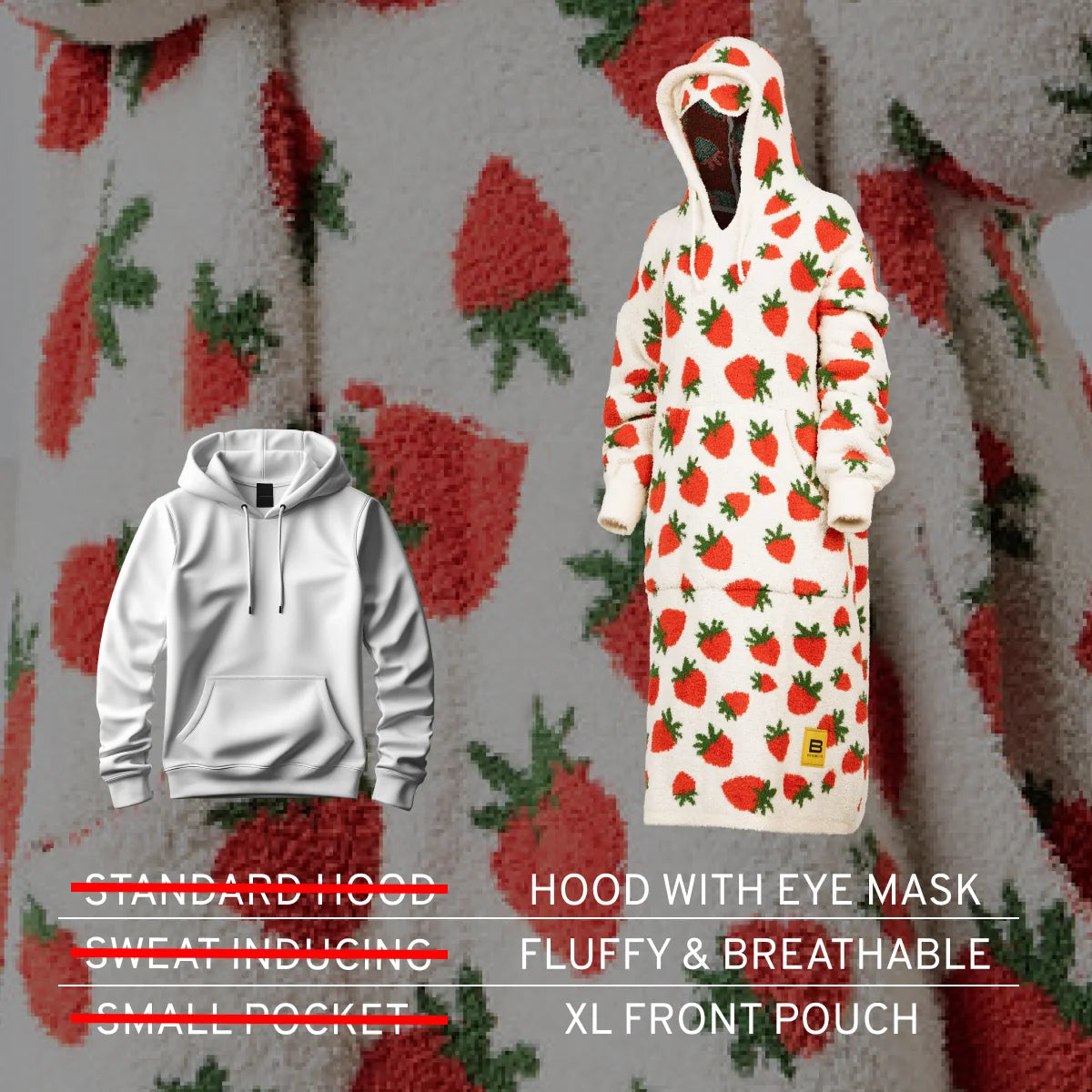 Cream oversized hoodie with red strawberry and green leaf print, featuring hood with eye mask and XL front pouch on strawberry-patterned background