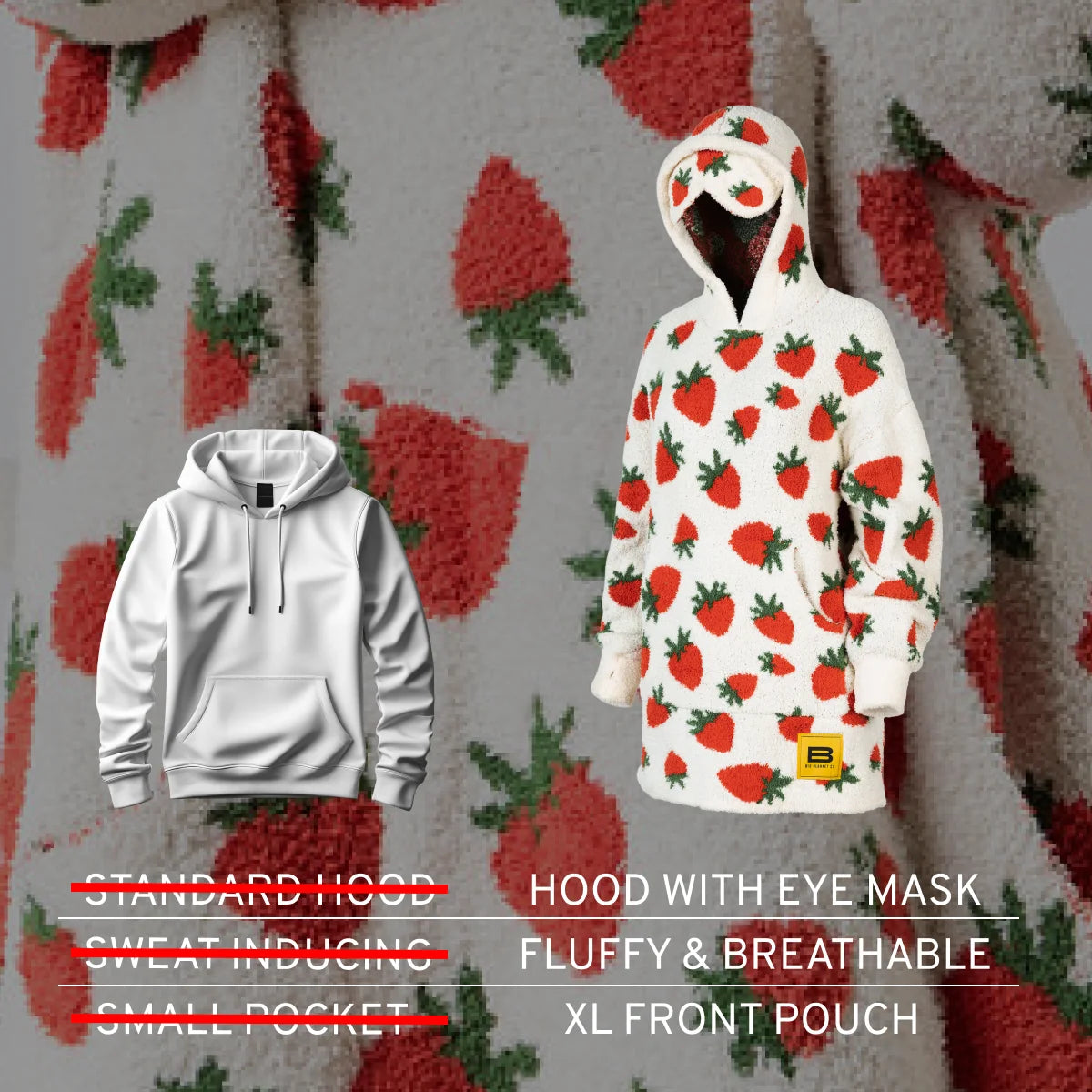 Premier Plush Strawberry Hoodie with eye mask hood and XL front pouch on strawberry patterned background