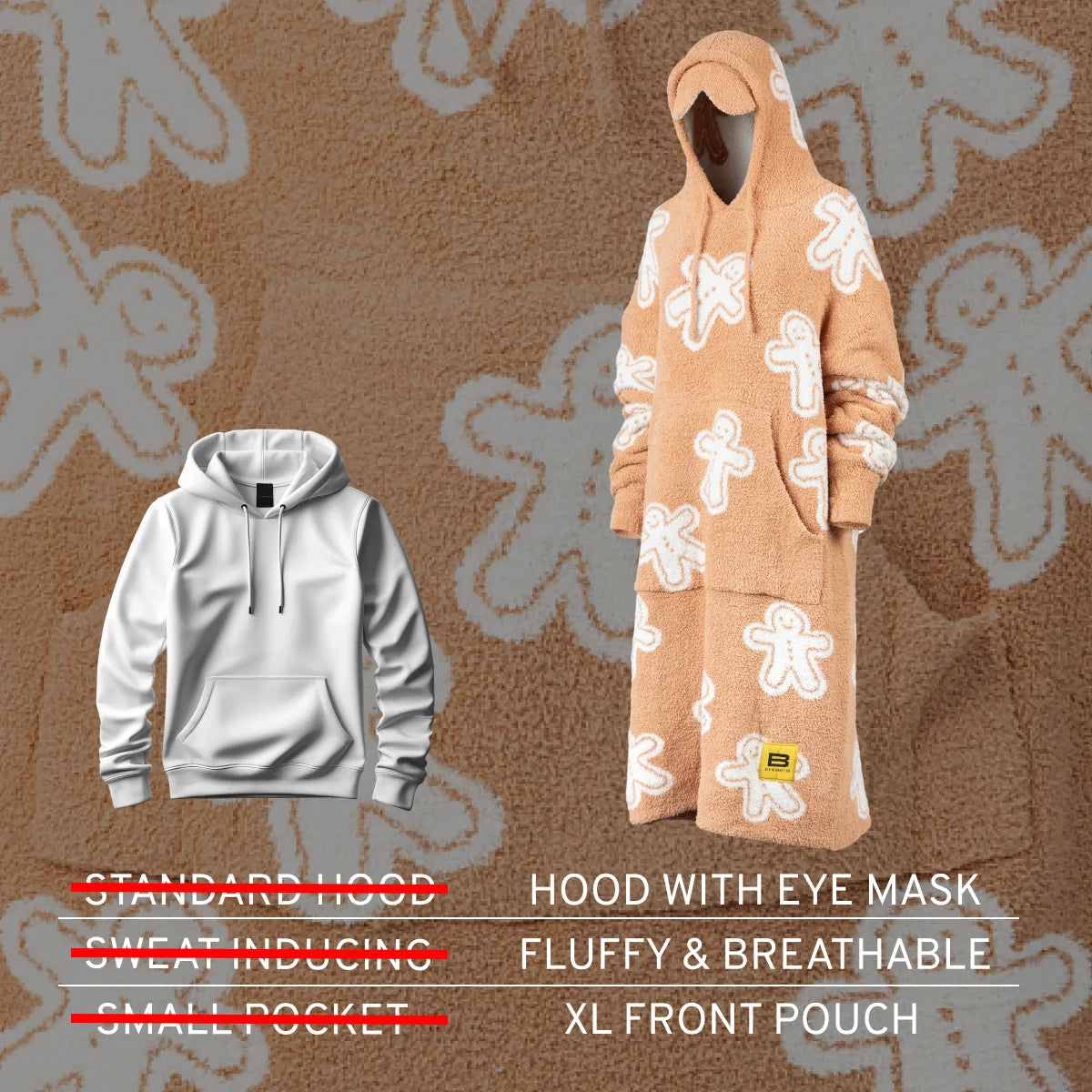 Tan fleece hoodie with white gingerbread man pattern, integrated hood with eye mask, XL front pouch, displayed on mannequin