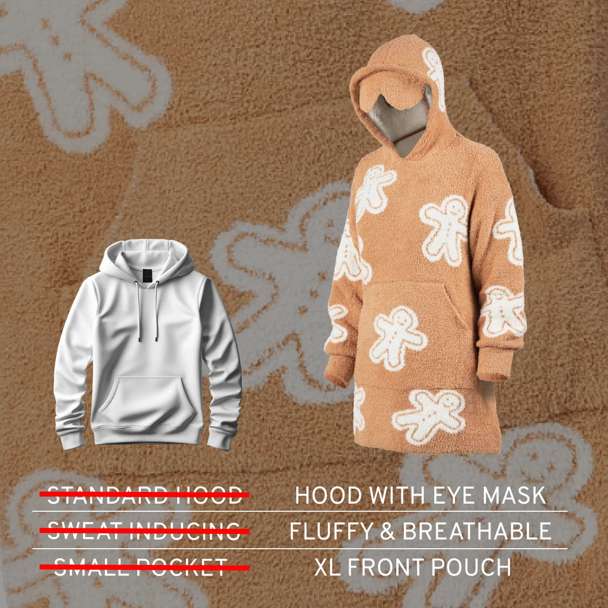 Tan oversized hoodie blanket with white gingerbread pattern, attached hood with eye mask, front pouch pocket, shown on mannequin