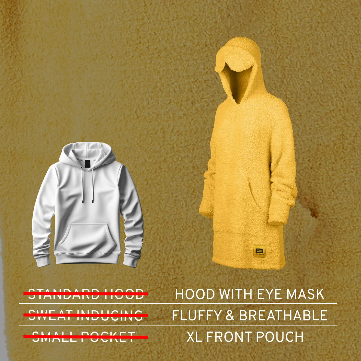 Sunflower yellow oversized hoodie blanket with eye mask hood and XL front pouch, displayed on mannequin