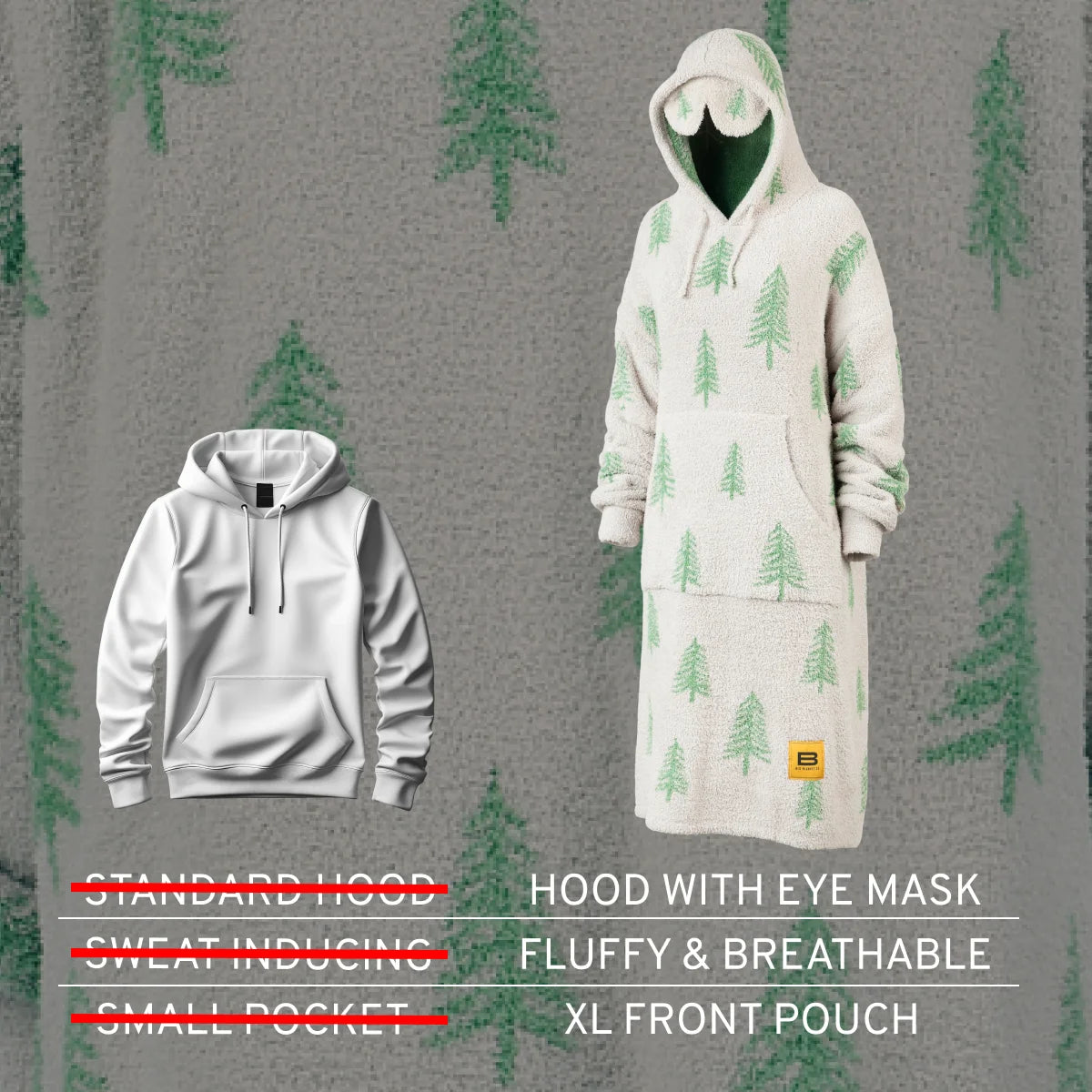 Cream oversized hoodie with green pine tree pattern, eye mask hood, fluffy breathable fabric, XL front pouch