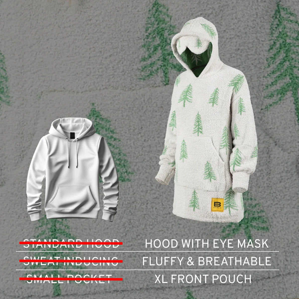 Cream Premier Plush oversized hoodie with green pine tree pattern, hood with eye mask, XL front pouch, fluffy breathable fabric