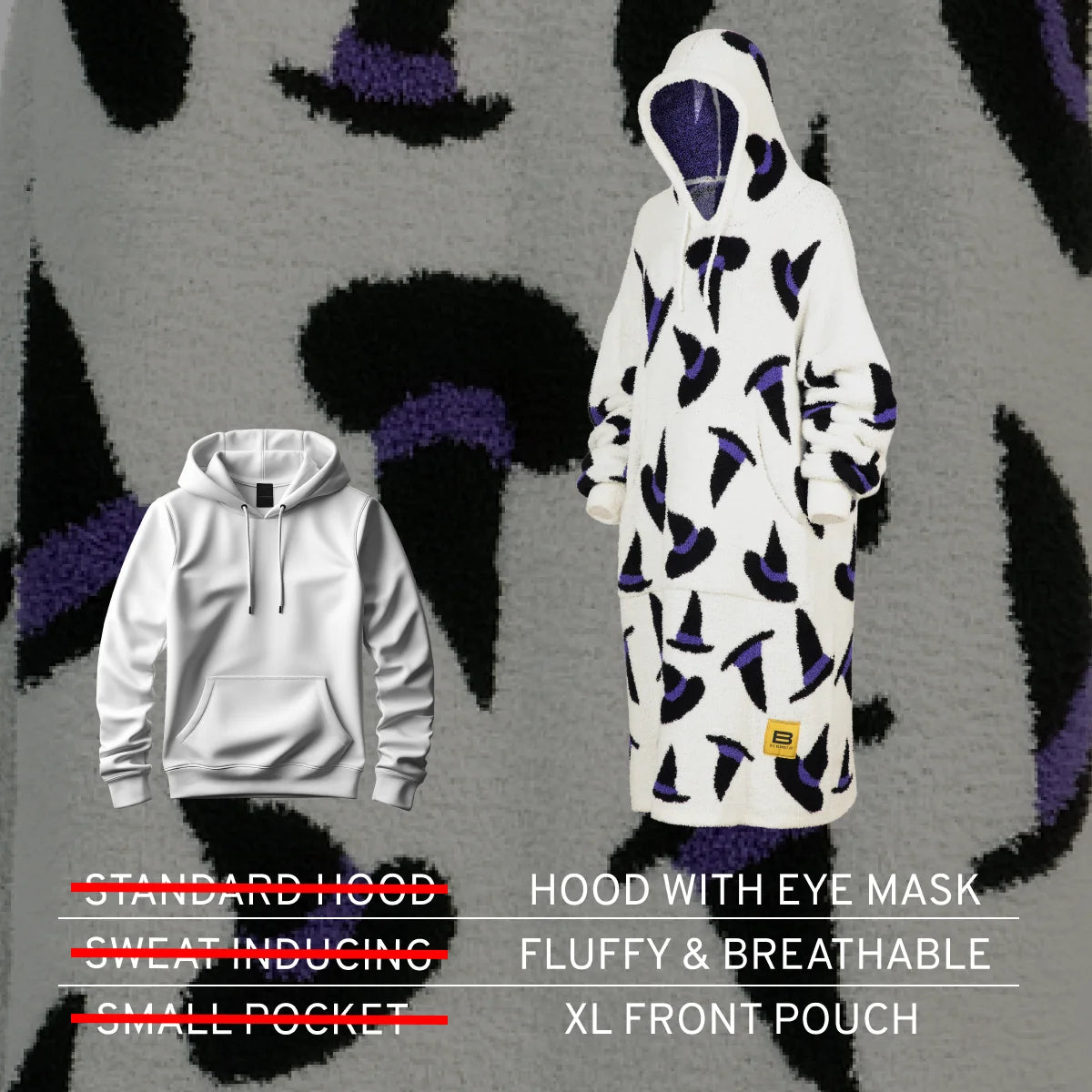 White Premier Plush hoodie with purple and black abstract pattern, shown on figure wearing matching oversized blanket with hood and eye mask cutout