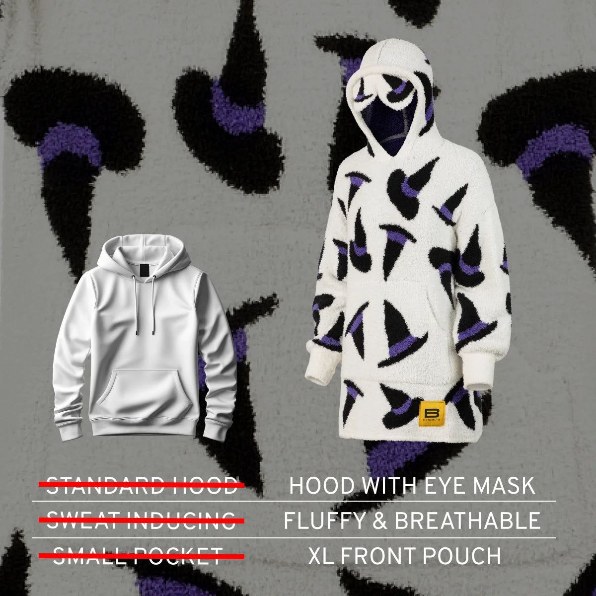 White hooded blanket with purple and black abstract pattern, eye mask hood, XL front pouch, displayed on gray textured background
