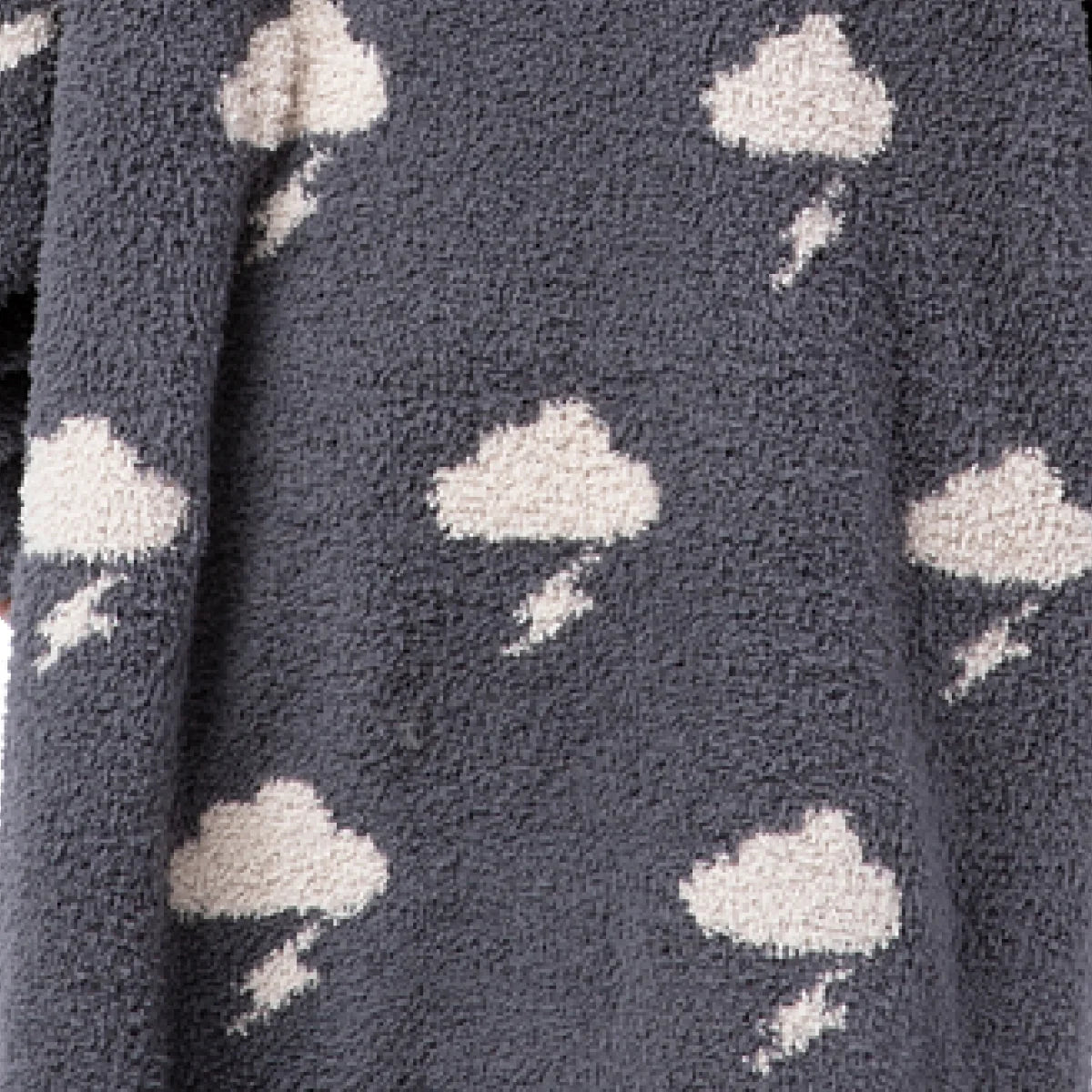 Charcoal oversized blanket with cream cloud and rain drop pattern, soft plush texture