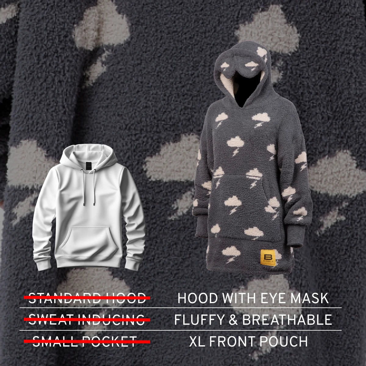 Charcoal kids hoodie with cream cloud pattern, hood with eye mask detail, and XL front pouch displayed on mannequin
