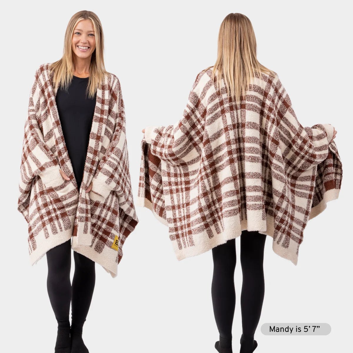Woman wearing burgundy plaid oversized blanket wrap draped over shoulders, front and back view