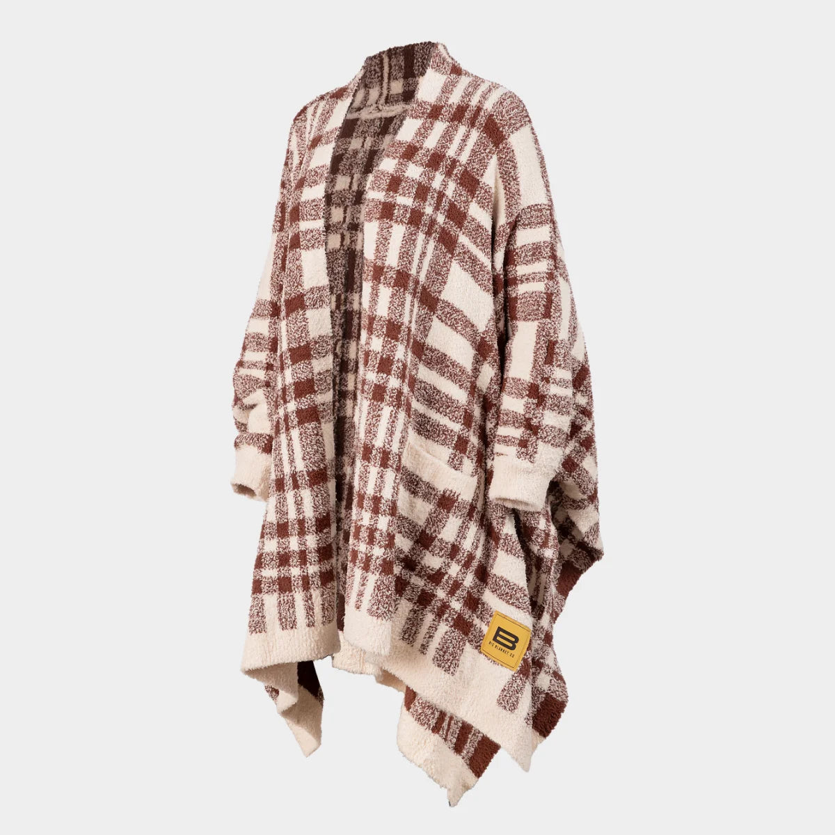 Burgundy and cream plaid oversized blanket wrap with textured knit fabric and yellow brand label tag