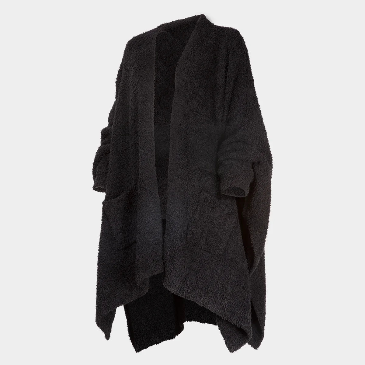 Black Premier Plush oversized wrap with textured knit fabric and draped front panels