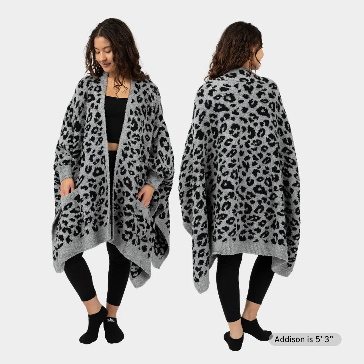 Woman wearing gray and black leopard print oversized wrap cardigan, front and back view