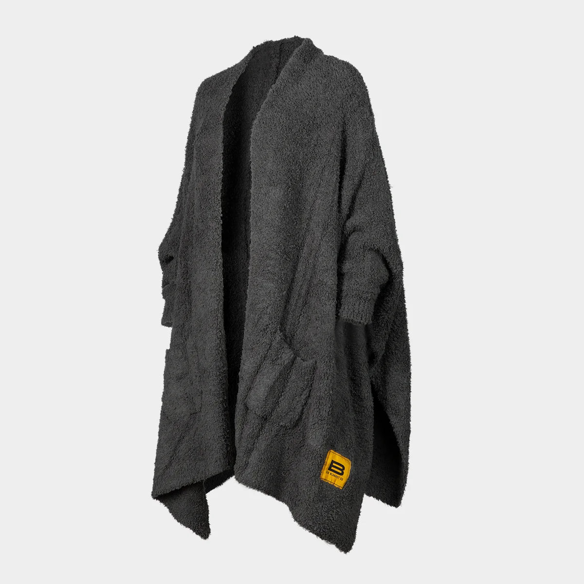 Charcoal Premier Plush oversized wrap blanket with soft texture and yellow brand label, draped open