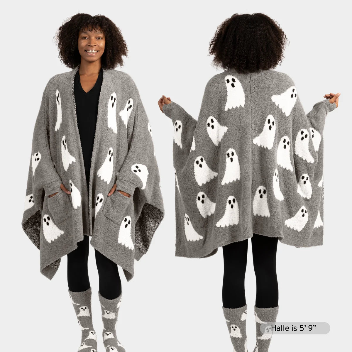 Gray oversized wrap with white ghost pattern, front and back view, worn as blanket by woman with matching ghost socks