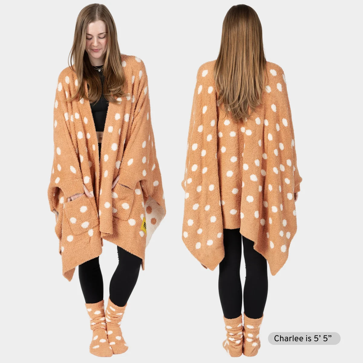 Caramel oversized blanket wrap with white polka dots worn as shawl, shown front and back on model with matching socks