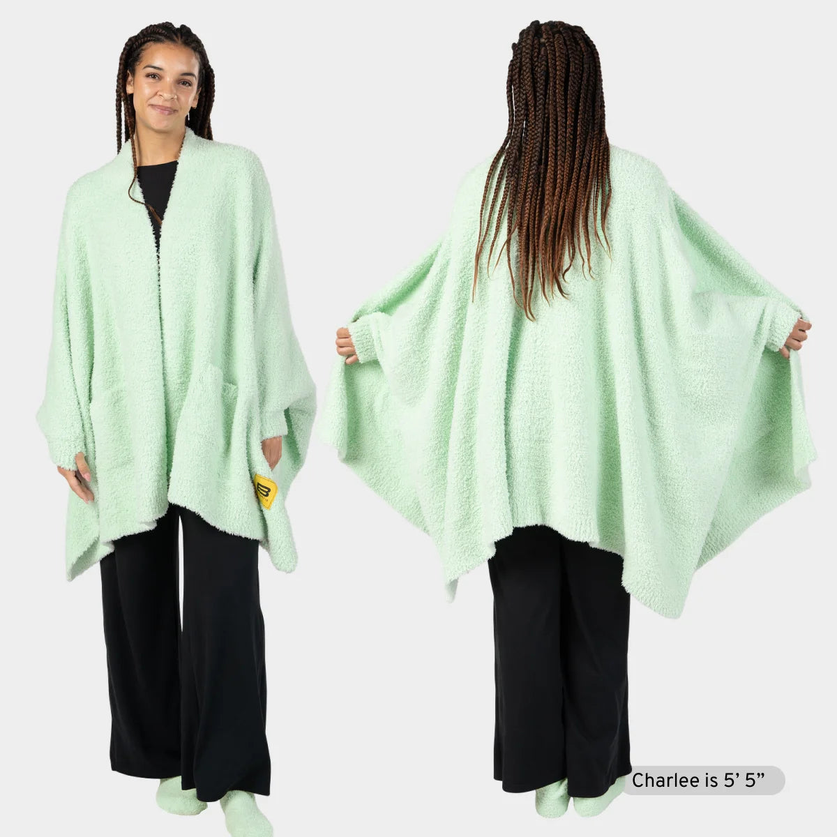 Mint Premier Plush™ oversized wrap worn front and back, draped oversized on model wearing black pants
