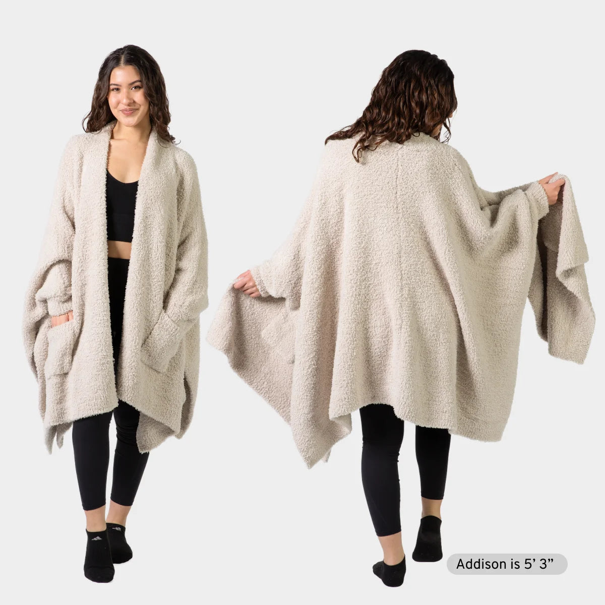 Beige oversized blanket wrap worn as cardigan, front and back views, showing draped fabric and front pockets