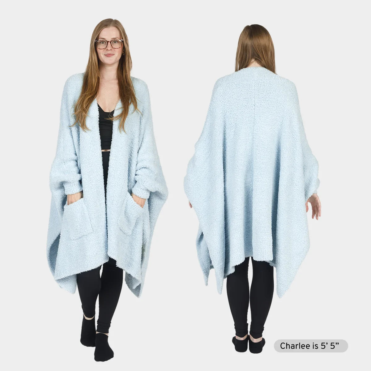 Light blue oversized wearable blanket wrap with pockets worn open over black outfit, front and back view