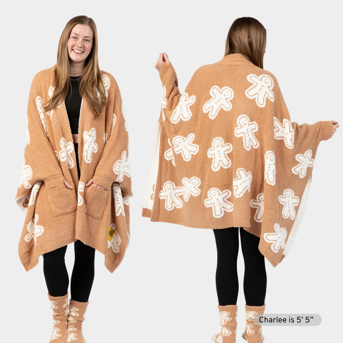 Tan oversized blanket wrap with white gingerbread man pattern, worn as cardigan by woman modeling front and back views