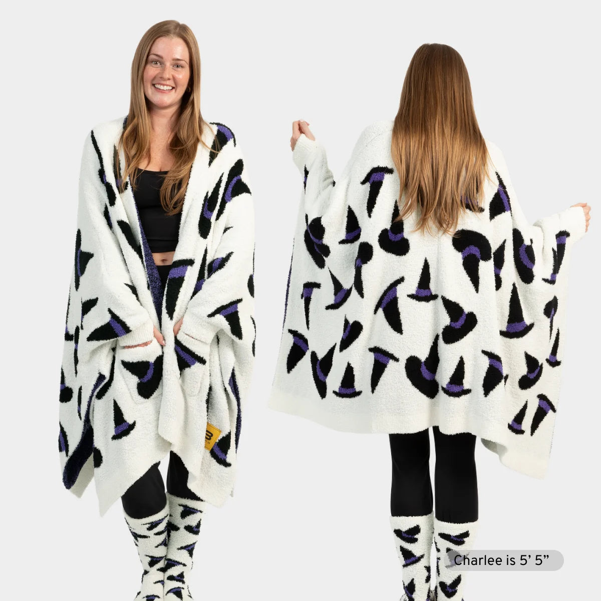 Woman wearing cream oversized blanket wrap with black and purple witch hat pattern, shown front and back views with matching leggings