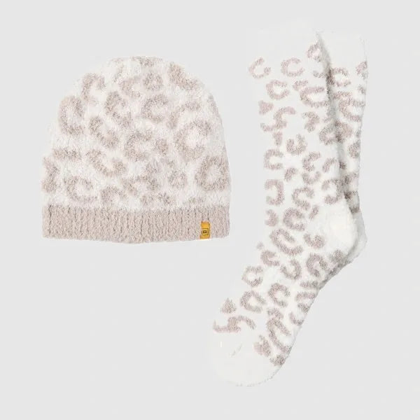 Cream beanie with taupe leopard print and matching crew socks with leopard pattern