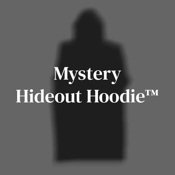 Black oversized Hideout Hoodie with hood, shown on gray background